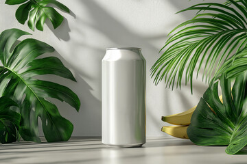 Blank white beer can mockup on neutral background with tropical monstera, palm, and banana leaves. Clean, minimal look with soft shadows and smooth matte finish.