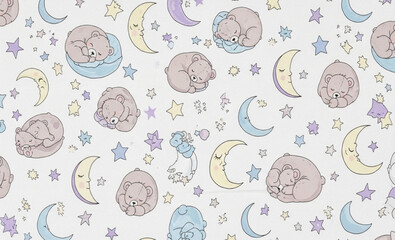 Sleeping Bears and Crescent Moons Seamless Pattern | Cute Baby Animal Fabric Design for Nursery Decoration and Children's Apparel