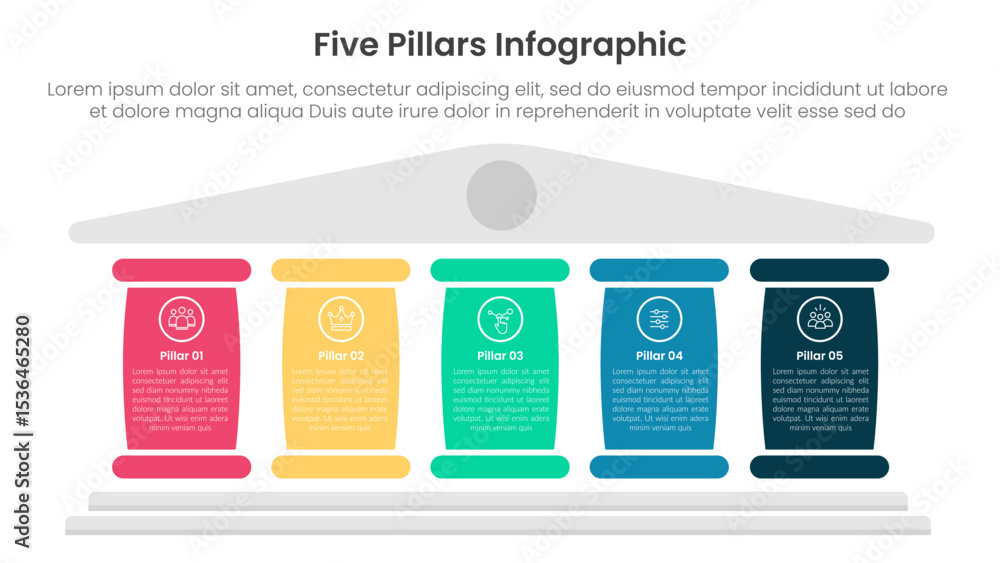 Poster five pillars framework with ancient classic construction infographic with 5 point stage template wit
