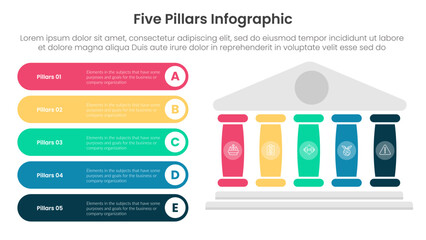 Five pillars framework with ancient classic construction infographic with 5 point stage template with right pillars and round rectangle description box for slide presentation