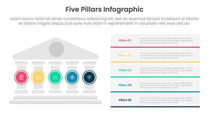 Five pillars framework with ancient classic construction infographic with 5 point stage template with pillars on left and rectangle box stack for slide presentation