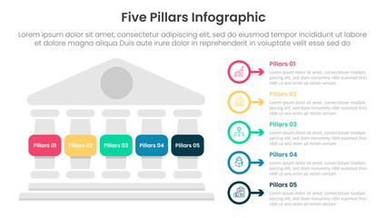 Five pillars framework with ancient classic construction infographic with 5 point stage template with left column and outline circle arrow for slide presentation