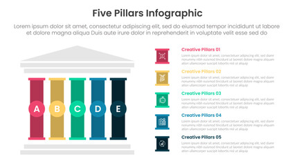 Five pillars framework with ancient classic construction infographic with 5 point stage template with left column and creative box description for slide presentation