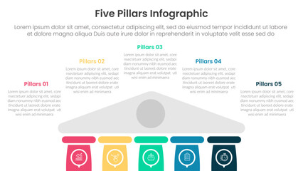 Five pillars framework with ancient classic construction infographic with 5 point stage template with half bottom building on center for slide presentation