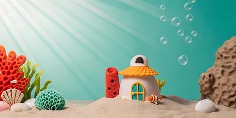Underwater scene with cute little house and coral reef