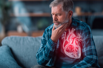 Middle-aged man with sore throat sitting indoors, heart illustration highlights pain and potential health risk – concept for cardiovascular symptoms and awareness