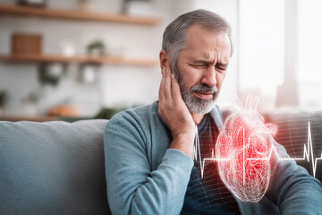 Middle-aged man with beard experiencing chest pain, touching neck in living room, illustrating heart attack and health risk concept.