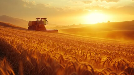 Fototapeta premium Golden Wheat Field Harvested at Sunset A Combine Harvester Works in a Rural Landscape