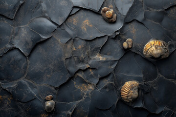Dark fossil limestone marble with visible shell and coral fragments. Rich black and slate-gray tones, subtly lit to enhance texture—ideal for moody interiors and dark design themes.