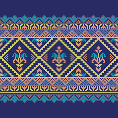 A seamless geometric Thai tribal design in pixel art style, featuring diamond-shaped floral motifs on a deep blue background.