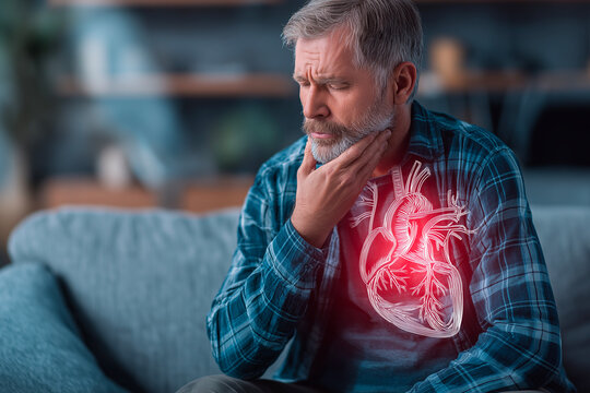 Middle-aged man with sore throat sitting indoors, heart illustration highlights pain and potential health risk – concept for cardiovascular symptoms and awareness