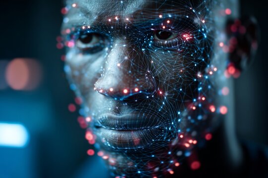 Digital facial scan illustration with glowing wireframe mesh overlay and biometric interface.