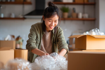 Young Asian woman unpacking bubble wrap in cozy home, smiling during moving or small business packing – happiness, relocation, entrepreneurship concept.
