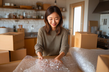 Young Asian woman packing in bright kitchen, smiling as she prepares boxes and bubble wrap – moving, happiness, and lifestyle concept.