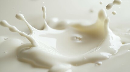 Macro shot of milk droplets on white surface, ultra clean template style
