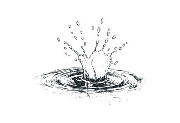 Hand-drawn water splash creating ripples in minimalist style. Vector retro hand drawn illustration