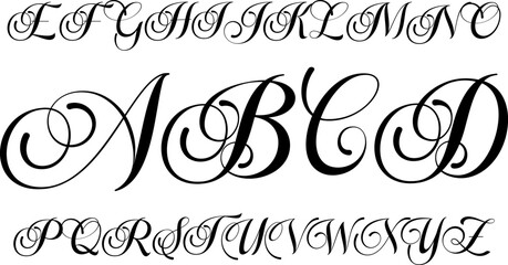 A full set of ornate uppercase calligraphy letters in an elegant cursive style. Perfect for wedding invitations, luxury branding, certificates, monograms, and decorative typographic projects.