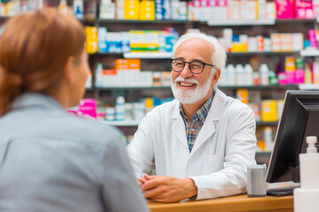 Senior male pharmacist in white coat smiling and consulting female customer at pharmacy counter, friendly healthcare service concept.