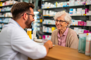 Senior woman consulting pharmacist in a pharmacy, discussing medication with friendly advice – healthcare, trust, and senior care concept.