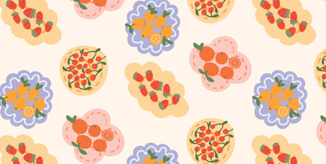 Strawberry Orange Lemon Cherry Fruits on colorful plates. Seamless summer pattern with fresh food elements for picnic, brunch or dessert. Vector illustration design.