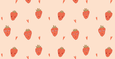 Seamless pattern with hand-drawn strawberries with human faces and small hearts on light background. Funny cartoon fruit character texture. Flat vector illustration.
