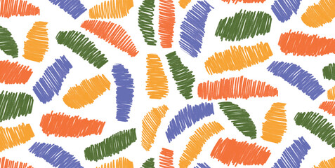 Colorful scribble lines in abstract seamless pattern. Hand drawn sketch style geometric shapes with crayon texture. Simple childish design for textile, wallpaper, background. Vector illustration.