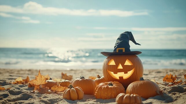 Halloween pumpkin on beach