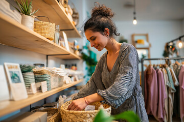 Young woman shopping in cozy boutique, browsing woven baskets and home decor – retail lifestyle and sustainable living concept.