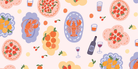 Seamless pattern with Lobster on serving plates, Strawberry and Cherry Tart, Lemon and Orange Fruits, Red Wine Glass and Bottle. Summer brunch vector background.