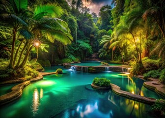 Dark, moody water mirrors a hidden oasis; seven sacred pools shimmer under a mystical night sky in a lush, serene jungle.