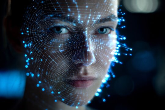 Digital facial scan illustration with glowing wireframe mesh overlay and biometric interface.