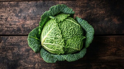 Fototapeta premium Fresh Green Savoy Cabbage on Rustic Wooden Background Healthy Food Ingredient