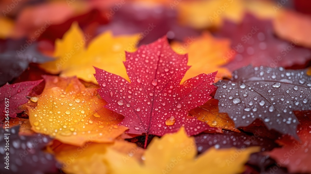 Poster autumnal maple leaf array showcasing vibrant fall colors and dew droplets on natural background capt
