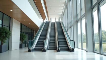Modern building interior with empty escalators. Contemporary office architecture with glass walls, providing natural light. Clean design reflects minimalist style. Modern elevator, transit system in