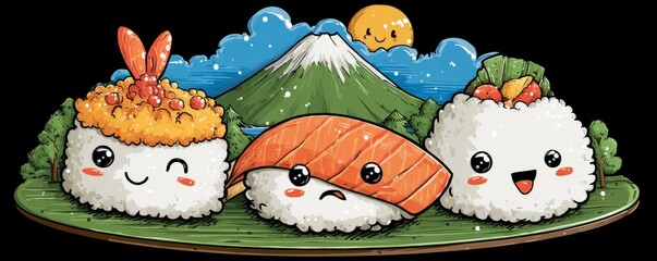 Adorable Sushi Trio Against Mount Fuji Backdrop