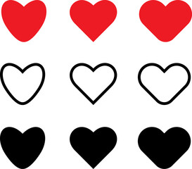 Heart icon set. Red black and outline hearts