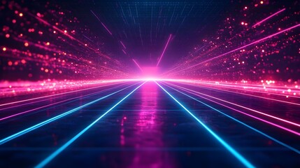 Obraz premium Futuristic Neon Highway Glowing Pink and Blue Lines Converge on a Sparkling Digital Road