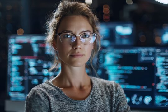 A confident woman scientist or coder in a futuristic lab setting, highlighting female empowerment in STEM.