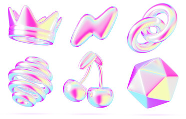 Y2K holographic 3d shape set. Iridescent crown, lightning, chain, spiral sphere, cherry, polygon with bright neon metal gradient of liquid chrome. Render abstract inflatable elements. 3D illustration