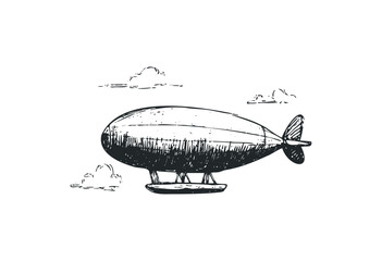 Vintage hand-drawn airship blimp with clouds in sketch style. Vector retro hand drawn illustration
