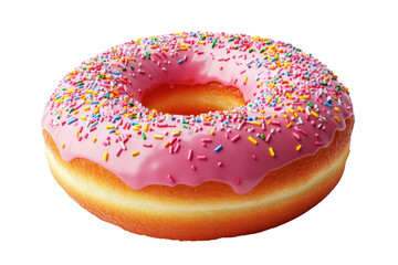 A temptingly sweet donut a pink frosted dream adorned with vibrant sprinkles on a dark bold isolated on transparent background. Generative Ai.