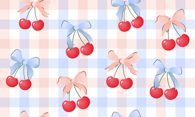 bow seamless patterns, ribbon, gift wrapping paper seamless pattern, Vector graphics. happy birthday, anniversary, party, celebration, fabric, textile, cherry and bow ribbon, check, blue, pink