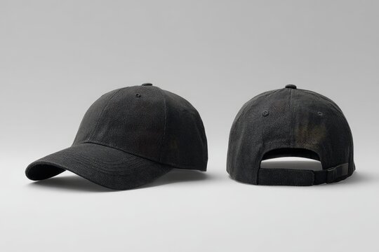 Two views of a dark-colored, structured cotton baseball cap with a slightly worn appearance; one shows the front and side, the other the back