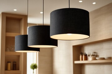 Three dark-grey cylindrical pendant lights hang in a modern kitchen, softly illuminating a minimalist shelf with kitchenware