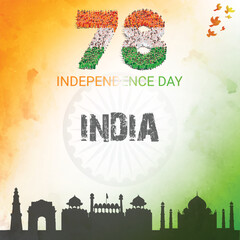 Fototapeta premium 78th Independence Day Poster of India with Tricolor Theme, Ashoka Chakra, and Monument Silhouettes