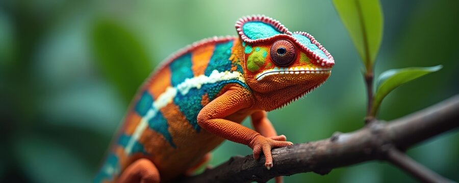 Close-up of colorful chameleon on branch, looking at camera. Bright reptile orange, green, blue skin. Exotic lizard portrait in natural rainforest habitat. Perfect detailed macro photo, animal