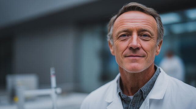 Focused Confidence: A senior scientist with kind eyes, the epitome of scientific dedication and competence, standing inside a laboratory setting. 
