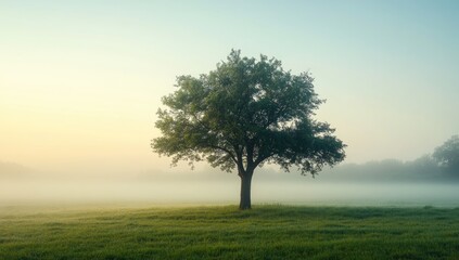 Obraz premium Solitary tree in a misty field at dawn
