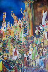 Original genre oil painting Classical antiquity. Public holiday in temple. People selling and buying jewelry decoration.