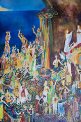 Original genre oil painting. Original genre oil painting. Classical antiquity sacrificers rite. Merchants selling jewelry and decoration in temple. Public holiday crowd.